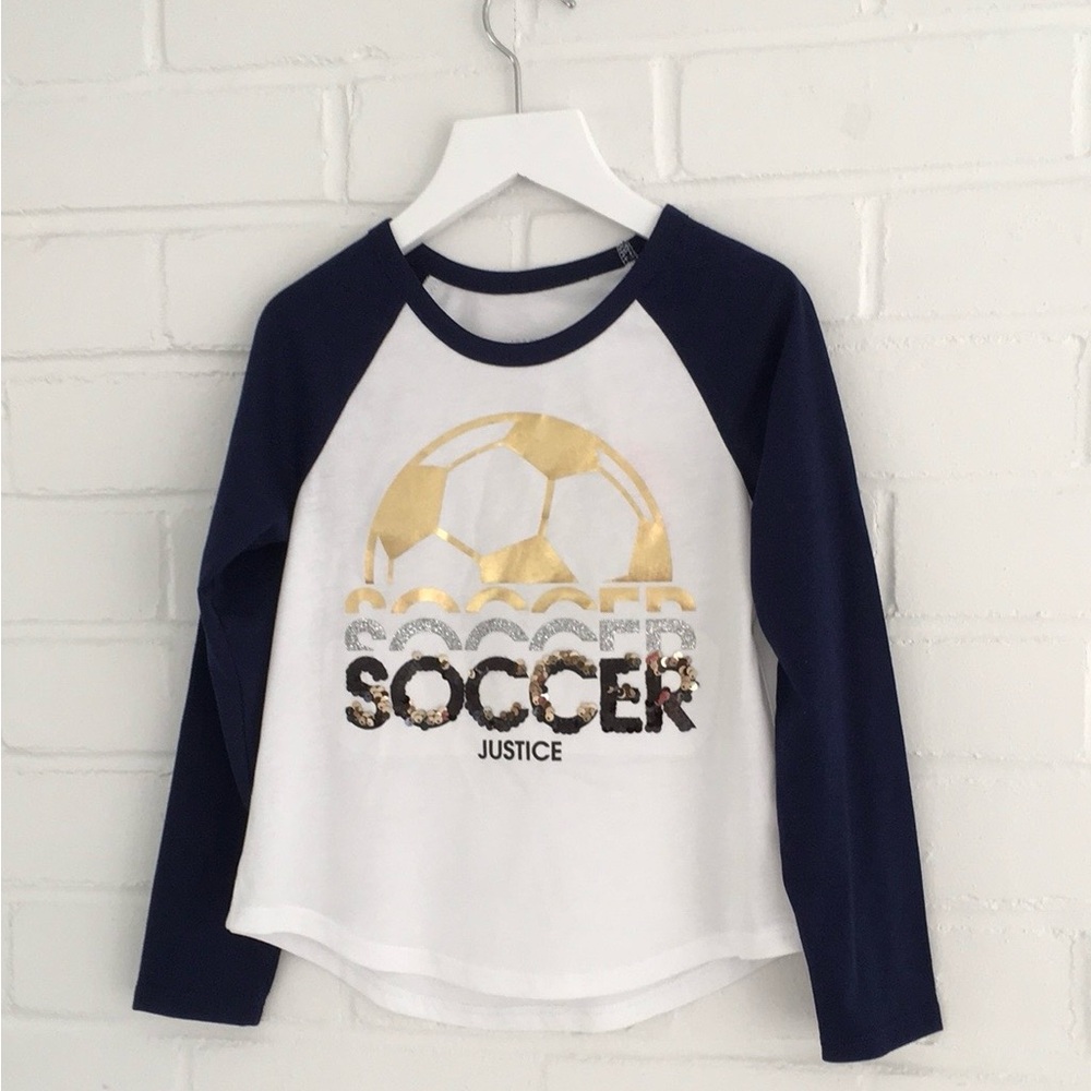 justice new with tags rugby style long sleeves bling soccer t-shirt girls size 6
